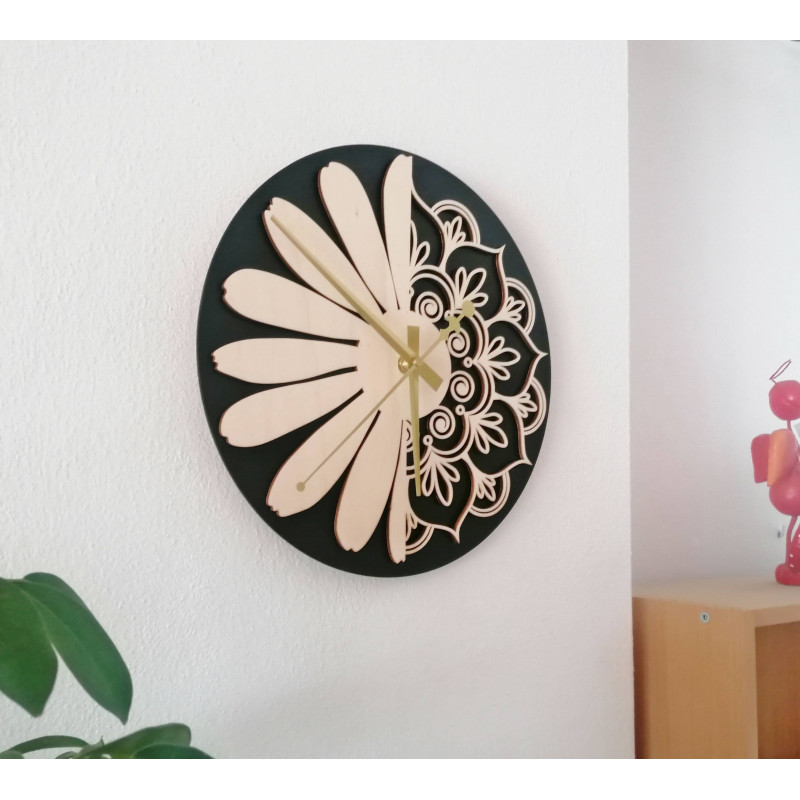 Sentop - Wooden wall clock flower of life model: MDF black / poplar plywood