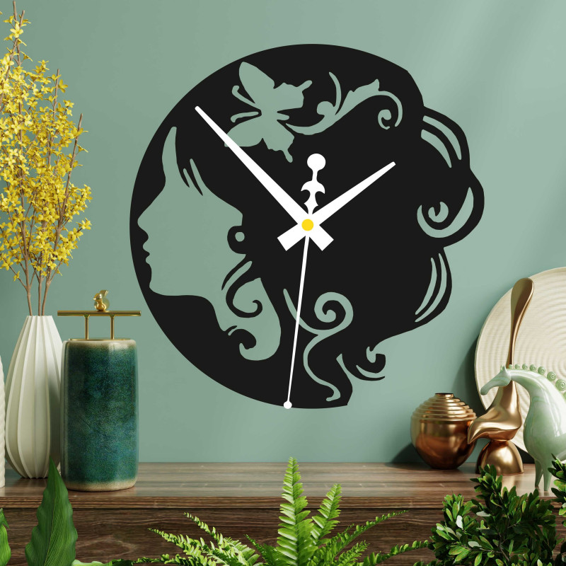 Wooden clock - a lady with a butterfly in her hair, both black and colored  | SENTOP PR0399
