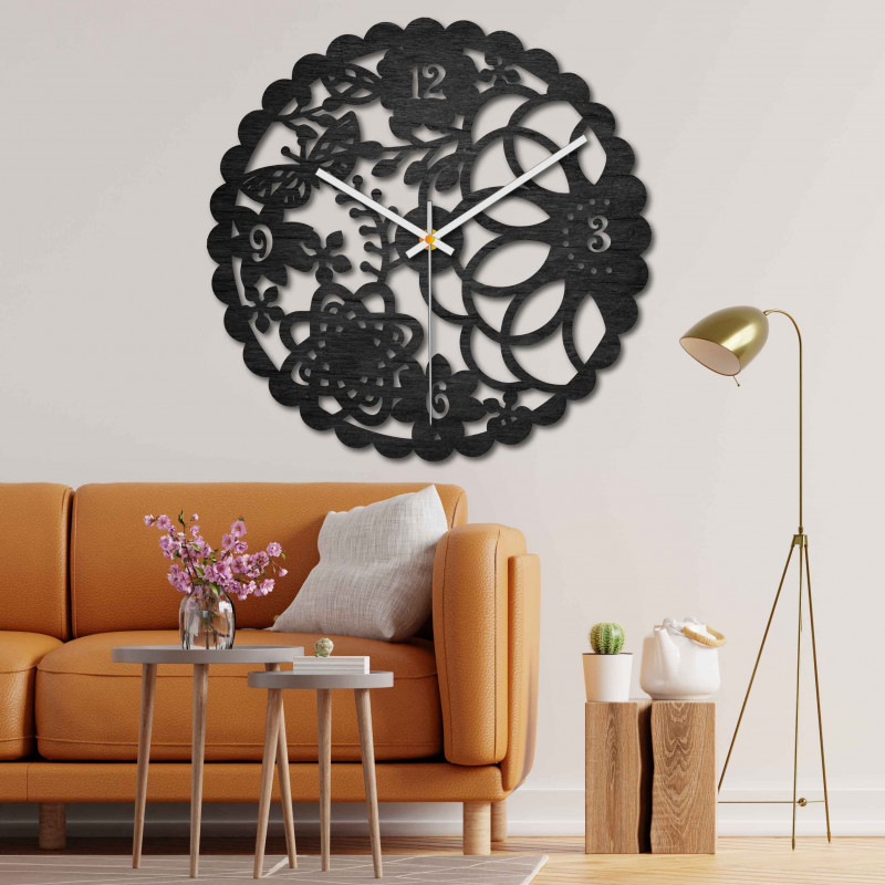 Wooden wall clock - butterfly meadow - black and colored | SENTOP PR0445