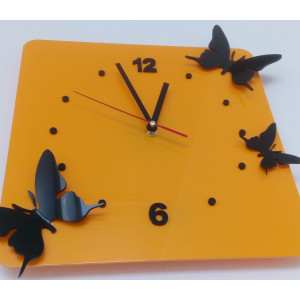 Modern wall clock made of plastic-Butterflies, Color: yellow, black, Size: 30x30 cm